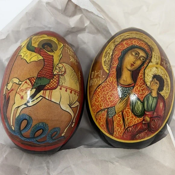 Russian Orthodox Icon Wooden Eggs Hand Painted Virgin Mary St George Signed 1991 - Picture 2 of 15
